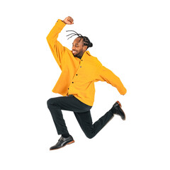 Full body photo of a black man jumping. Full body photo PNG with transparent background precisely...