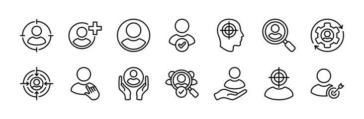 Employee recruitment thin line icon set. Hiring people. Containing headhunting, selected, pointing, choice, manage, search, add, target, job, candidate, human resource, partnership vector illustration