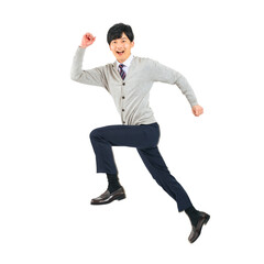 ジャンプする制服を着た男子学生　手作業で精密に切り抜いた背景透過全身写真PNG