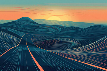 Abstract wavy lines in blue and orange at sunset