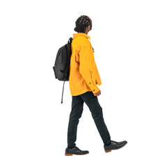 Full body photo of a black man looking up while walking. Full body photo PNG with transparent...