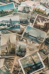 A pile of old postcards from various locations sitting on top of a table.