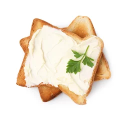 Foto op Plexiglas Toasts with butter and fresh parsley isolated on white, top view © New Africa