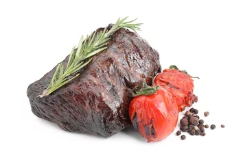 Foto op Plexiglas Piece of delicious grilled beef meat, tomatoes, peppercorns and rosemary isolated on white © New Africa