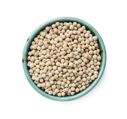 Aromatic spice. Many peppercorns in bowl isolated on white, top view