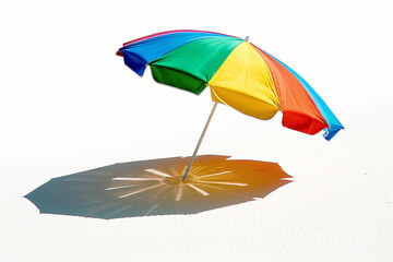 A vibrant beach umbrella casting a cool shadow over a family's picnic spot near the water, offering respite from the sun's rays on a hot summer day, isolated on a solid white background.