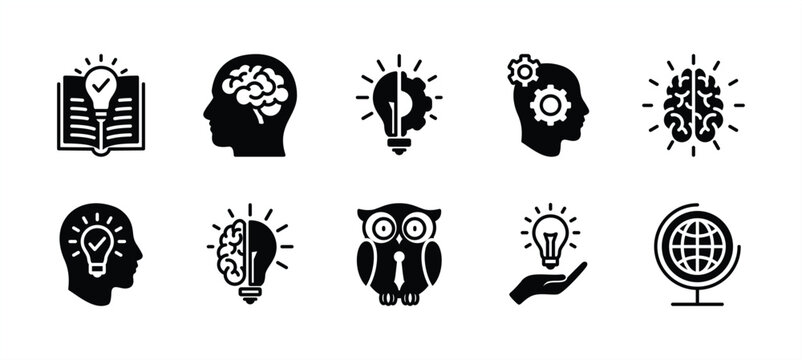 Knowledge icon set. Containing book, mind, thinking, cognition, brain, light bulb, education, globe, owl, creativity, idea, imagination, intelligence, clever, genius. Vector illustration