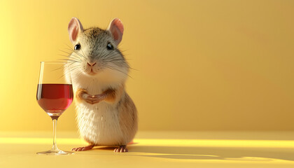 3D gerbil looking at a glass of wine