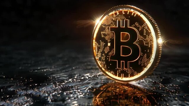 Shiny golden Currency with Bitcoin symbol. Cripto money, e-commerce finance virtual digital exchange concept. Gold sparkles on dark background