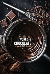 melted chocolate in a pastry bowl with a whisk, dark background, dark chocolate concept, international chocolate day