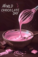 melted pink chocolate in a pastry bowl with a whisk, dark background, dark chocolate concept, international chocolate day