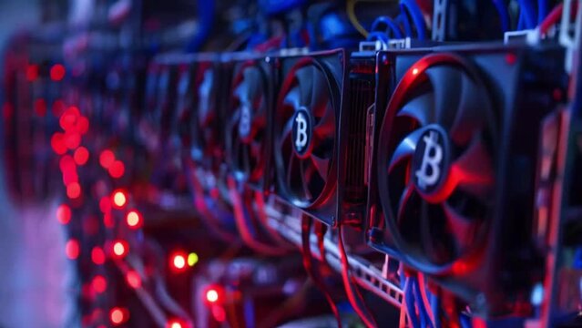 Mining equipment racks mine cryptocurrency. Blockchain technology application-specific integrated circuit data center. Server room. Cripto money, e-commerce finance virtual digital exchange concept.