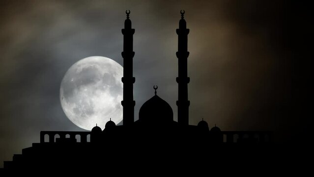 Domes and minarets of Egypt's Islamic Cultural Center, Time Lapse by Night with Full Moon