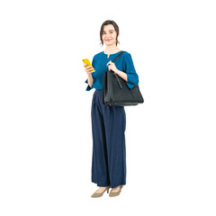 Full body photo of a white woman using smartphone. Full body photo PNG with transparent background...