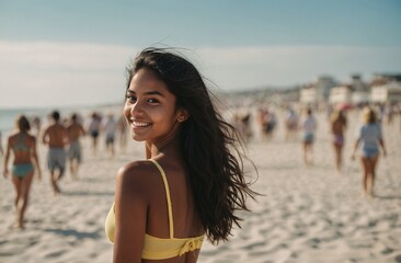 Gen-Z Woman on a Beach in California wearing a yellow bikini and smiling back at the camera