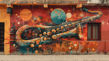 Naklejka premium Trumpet painted on an old building, graffiti in vintage street style.