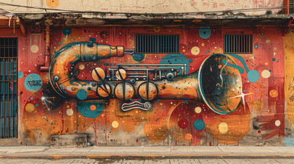 Trumpet painted on an old building, graffiti in vintage street style.