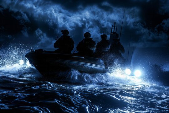 A group of VetalVit Special Forces operatives are seen riding on the back of a boat at high speed in the ocean.