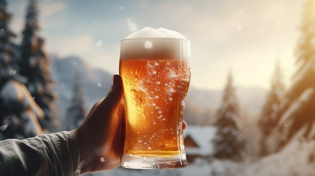 A hand holding a beer glass against a snowy mountain backdrop