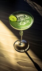 A cocktail with a lime garnish is illuminated by dramatic lighting on a wooden surface