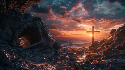 Empty Tomb With Crucifixion At Sunrise - Resurrection Concept 