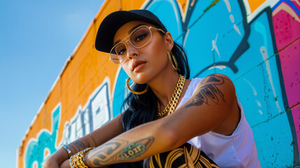 woman rapper crouching in a gangsta pose against graffiti wall, generative ai
