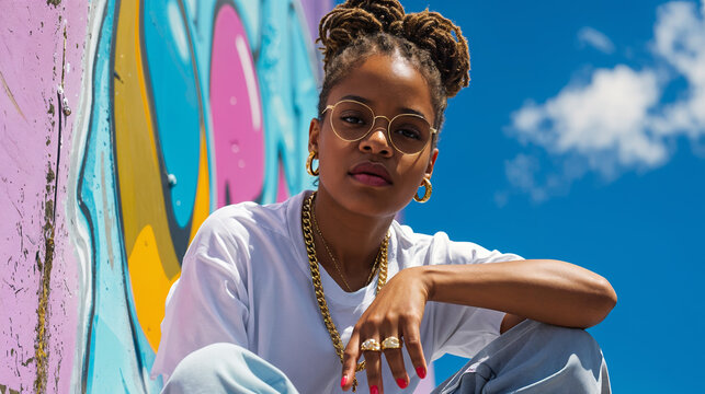 woman rapper crouching in a gangsta pose against graffiti wall, generative ai