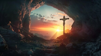 Empty Tomb With Crucifixion At Sunrise - Resurrection Concept 