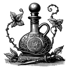 Vintage bottle with absinthe sketch engraving generative ai fictional character PNG illustration. Scratch board imitation. Black and white image.