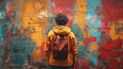 A man stands in front of a colorful wall covered with graffiti.