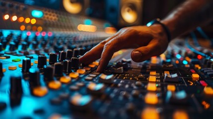 Audio engineer's hand fine-tuning music on a professional mixing console with AI generative...