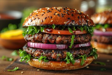 Delicious double beef burger with sesame bun, fresh lettuce, tomato, and onion, perfect for a gourmet meal.
