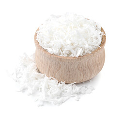 Coconut flakes in bowl isolated on white