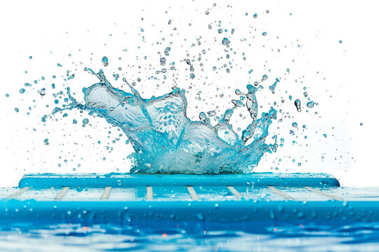 A vibrant splash of water from a diving board, capturing the excitement of summertime fun in the pool isolated on solid white background.
