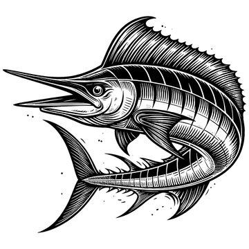 recommend clip art: sailfish blue marlin fish sketch engraving generative ai fictional character PNG illustration. Scratch board imitation. Black and white image.