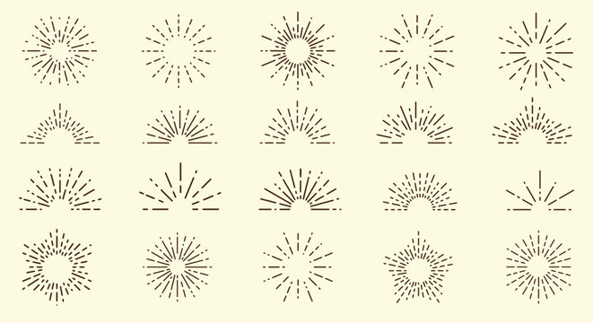 Vintage sunburst collection. Bursting sun rays. Radial sunset beams. Vector illustration.