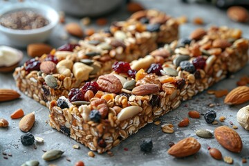 A close up of a homemade granola bar made with oats, nuts, seeds, and dried fruit.