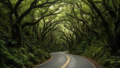 A rugged road snaking through a dense canopy of tr upscaled 13