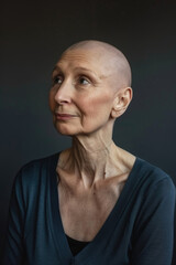 A woman with a bald head looking up towards the sky in contemplation or observation
