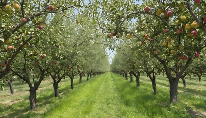 Fototapeta na wymiar A sprawling orchard filled with rows of fruit tree