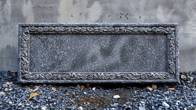 Blank mockup of a granite sculpture plaque with a simple yet elegant border design. .