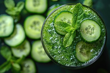 A glass of cucumber water with cucumber slices and mint leaves. - obrazy, fototapety, plakaty