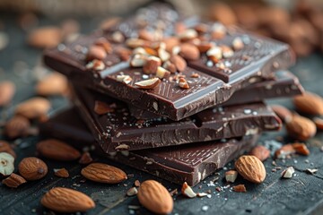 A stack of dark chocolate bars with roasted almonds on a wooden table.