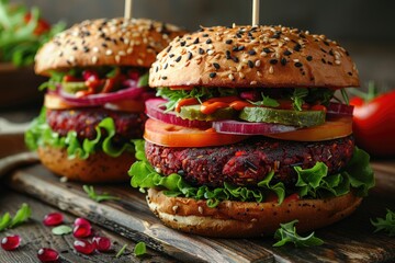 Beetroot veggie burger with fresh vegetables and whole wheat bun
