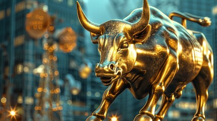 An illuminated bull statue shines against a backdrop of festive bokeh lights, evoking feelings of celebration and financial success.