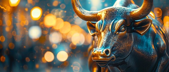 A mesmerizing illuminated bull sculpture captured in a magical bokeh light background, embodying market optimism.