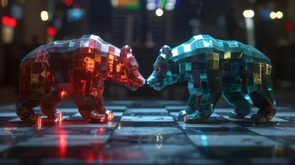 Fotobehang A holographic bull and bear face off, representing the ongoing clash between bullish and bearish market forces. © Papatsorn