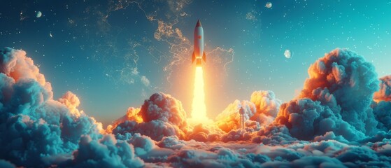 Illustration of a space rocket launch against a sky with stars and planets, metaphor for startup success.