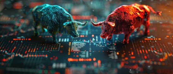 Digital art of bulls representing stock market trends on a background with financial data. - obrazy, fototapety, plakaty