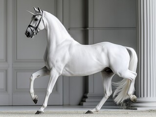 A white horse with a unicorn head is running. The horse is wearing a bridle and is standing in front of a pillar
